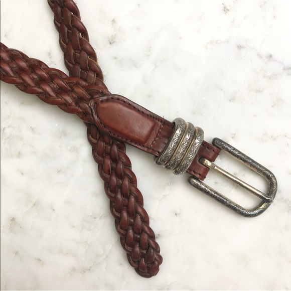 Vintage Accessories - Vintage Brown Leather Woven Belt w/ Silver Buckle